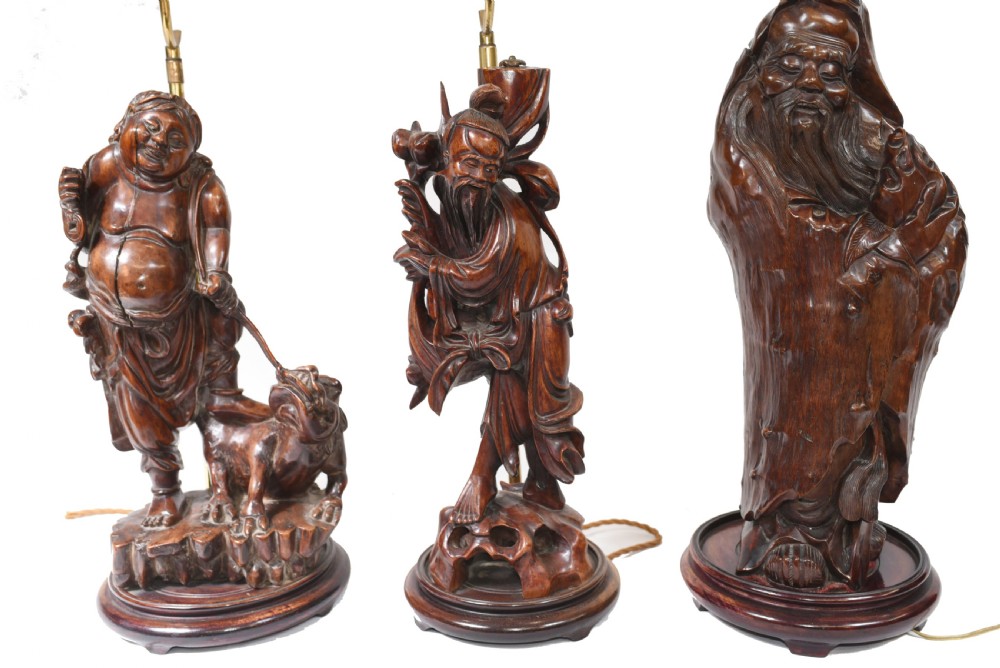 Set Hand Carved Chinese Buddha Lamps Antique Lights Figurines 1880 View VI