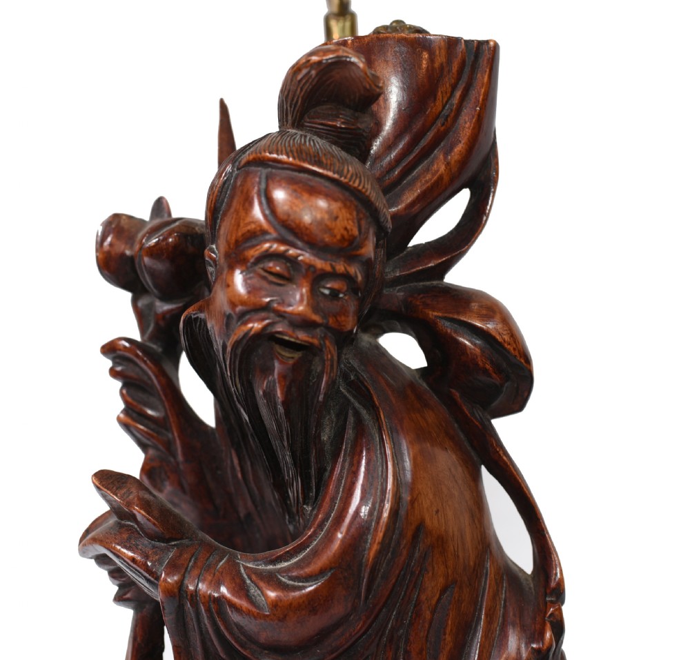 Set Hand Carved Chinese Buddha Lamps Antique Lights Figurines 1880 View VII