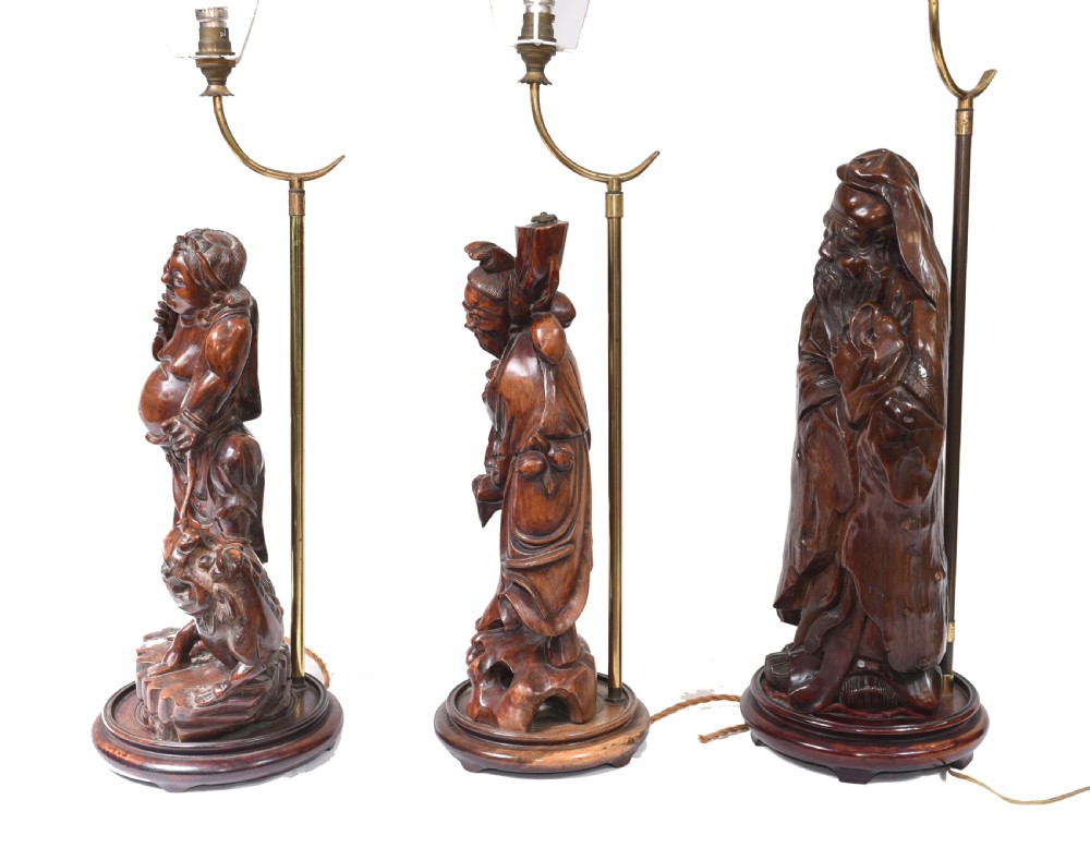 Set Hand Carved Chinese Buddha Lamps Antique Lights Figurines 1880 View XII