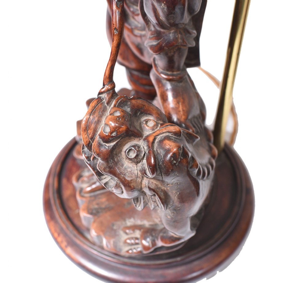 Set Hand Carved Chinese Buddha Lamps Antique Lights Figurines 1880 View XIII
