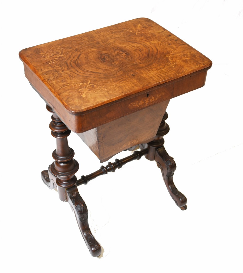Victorian Sewing Table Antique Burr Walnut 1860 Side Tables View II