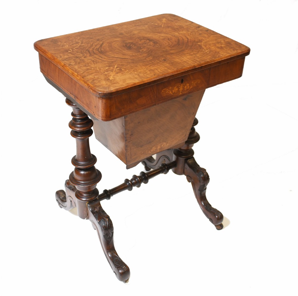 Victorian Sewing Table Antique Burr Walnut 1860 Side Tables View III