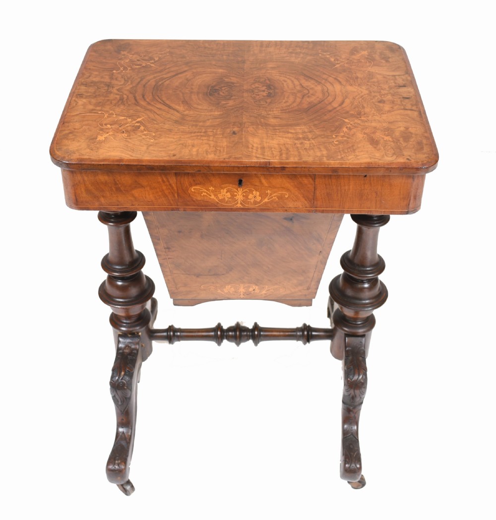 Victorian Sewing Table Antique Burr Walnut 1860 Side Tables View IV