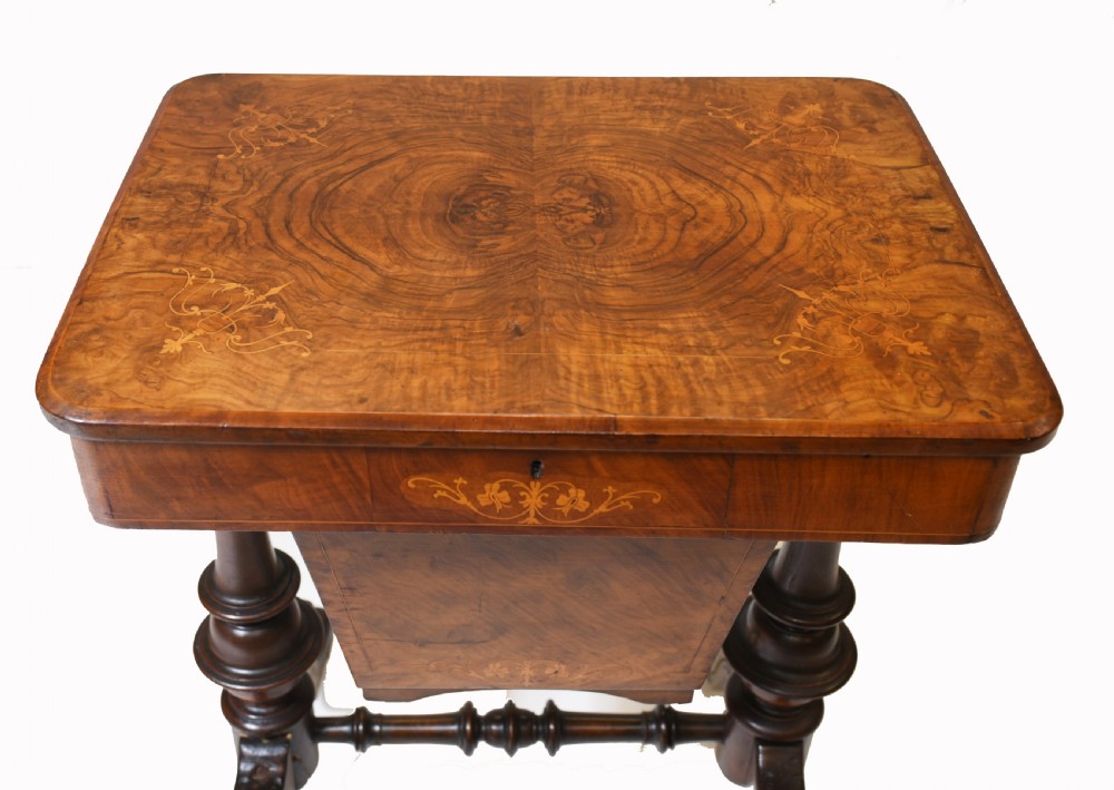 Victorian Sewing Table Antique Burr Walnut 1860 Side Tables View V