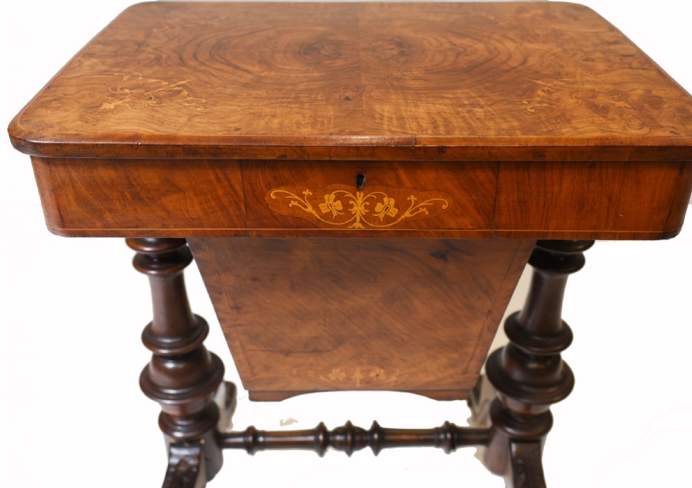 Victorian Sewing Table Antique Burr Walnut 1860 Side Tables View VI
