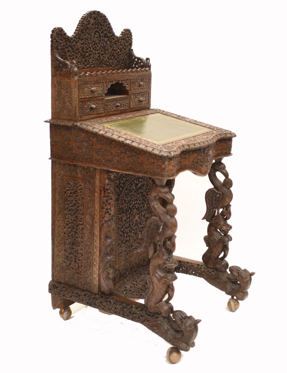 Burmese Davenport Desk Antique Hand Caved Burma Furniture 1885 View IV