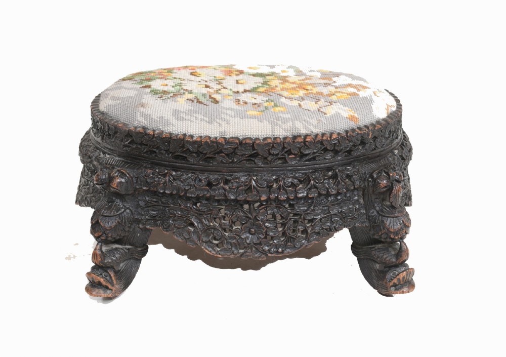 Burmese Foot Stool Carved Antique Seat Burma View II