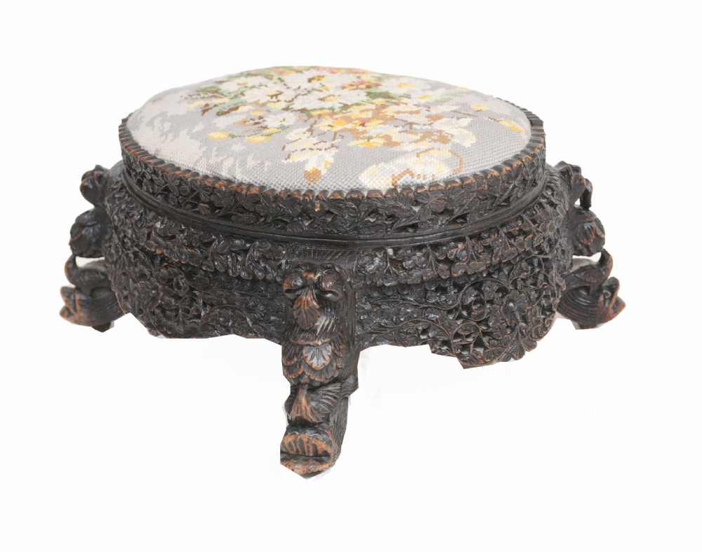 Burmese Foot Stool Carved Antique Seat Burma View V
