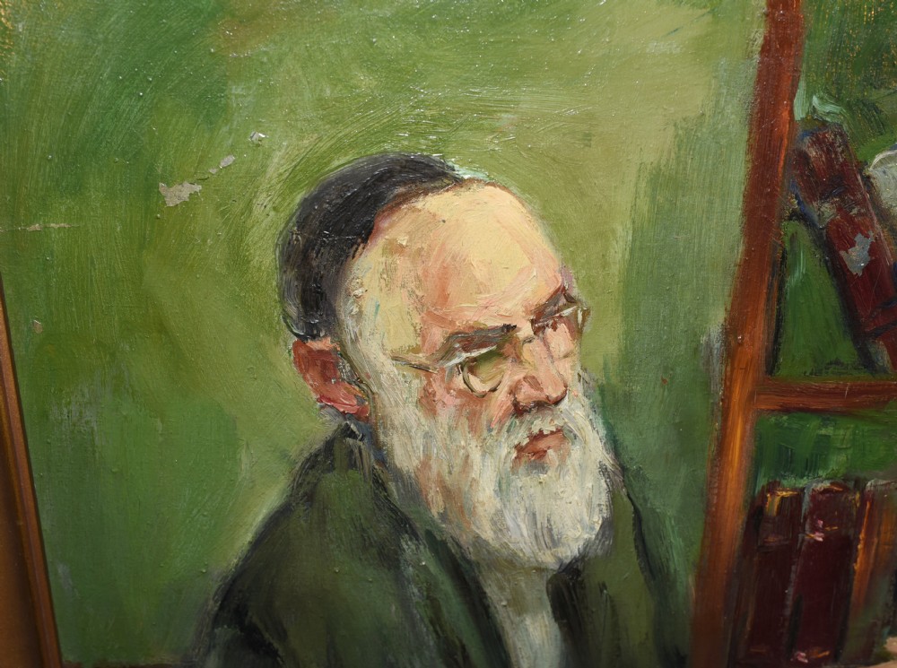 A framed oil painting depicting two bearded scholars seated at a table with books, set against a background of bookshelves in shades of olive green and brown. View III