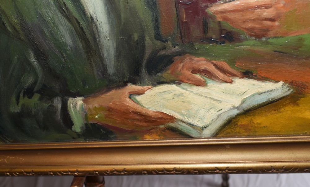 A framed oil painting depicting two bearded scholars seated at a table with books, set against a background of bookshelves in shades of olive green and brown. View IV