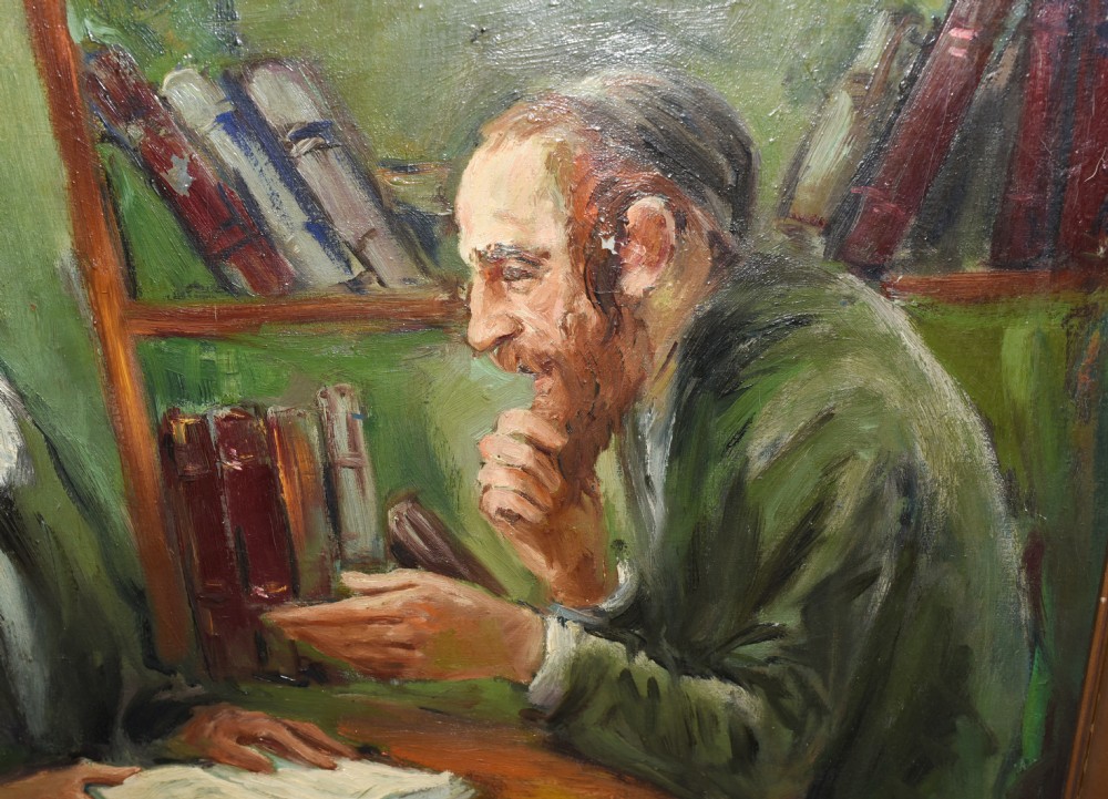 A framed oil painting depicting two bearded scholars seated at a table with books, set against a background of bookshelves in shades of olive green and brown. View V