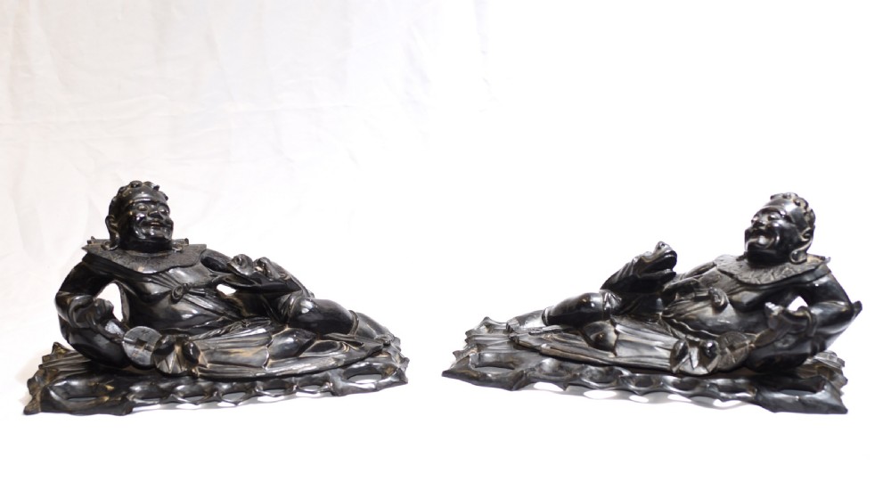 Pair Antique Carved Chinese Figurines Hardwood China