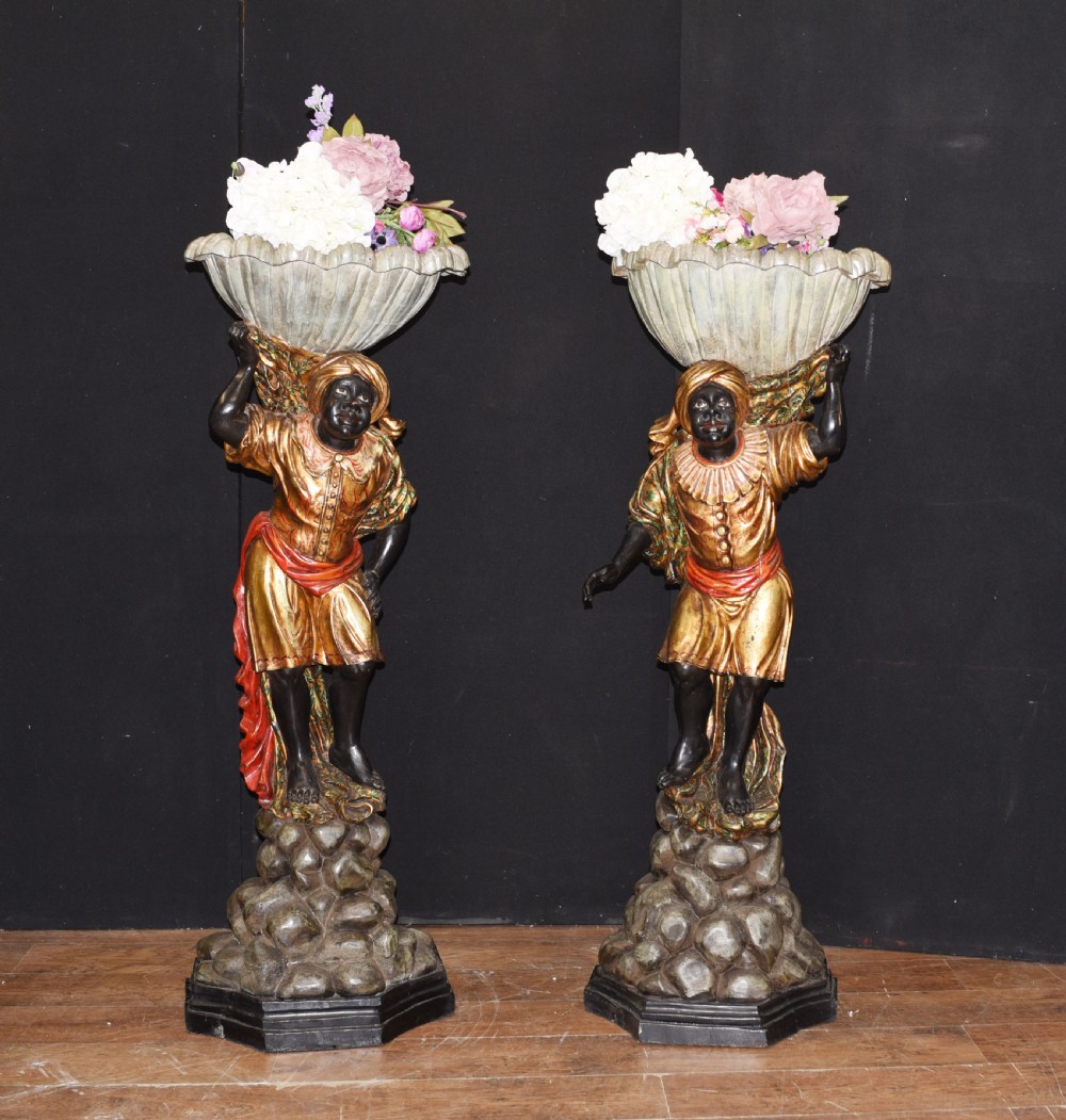 Pair Venetian Blackamoor Figurines - Antique Clam Shell Planter Stands