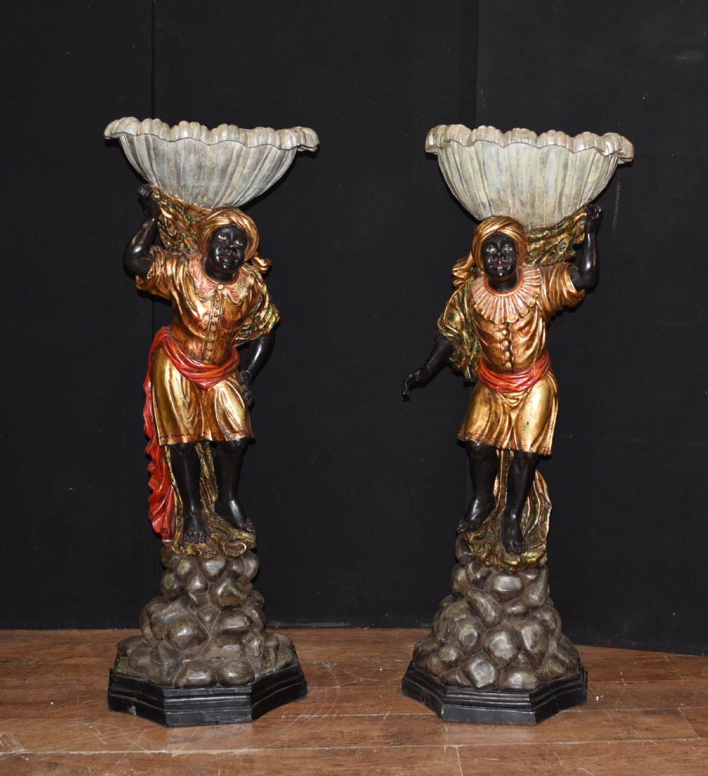 Pair Venetian Blackamoor Figurines - Antique Clam Shell Planter Stands View II