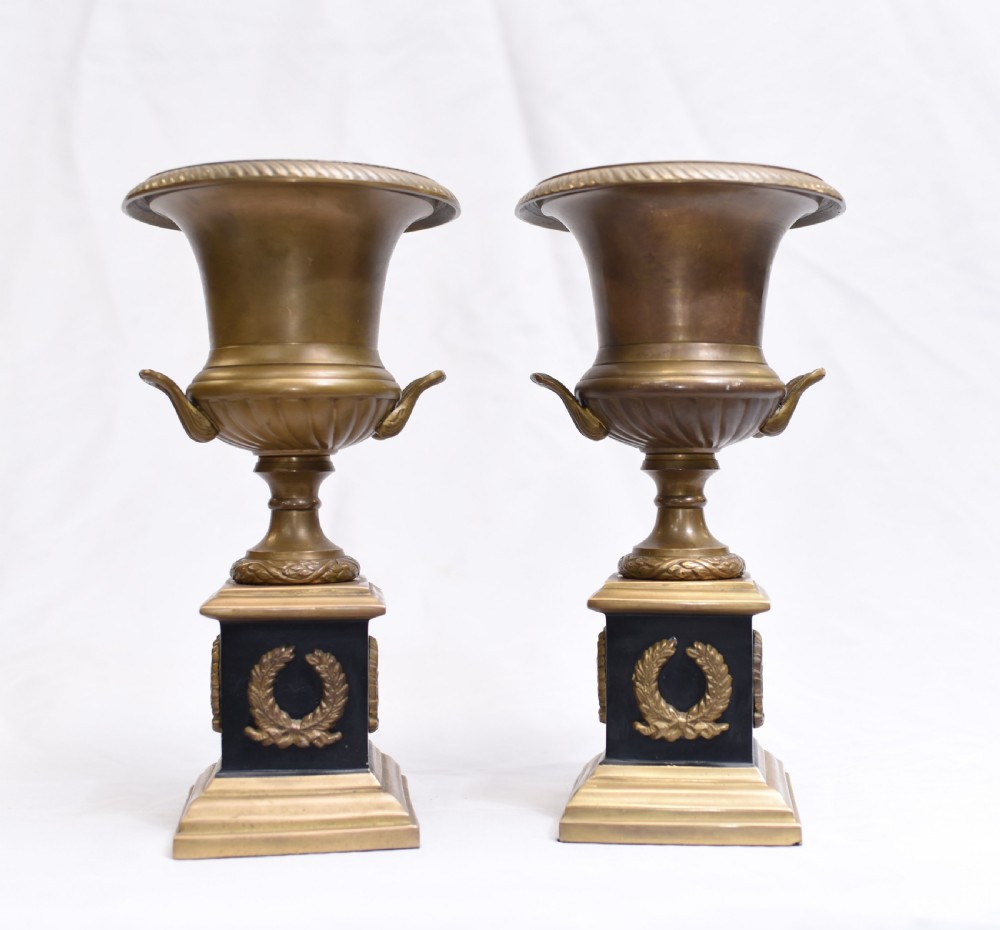 Pair Antique Bronze Campana Urns - French Empire Medici