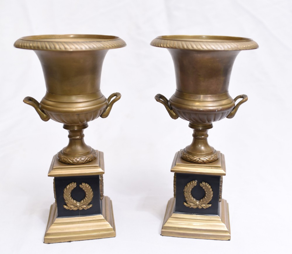 Pair Antique Bronze Campana Urns - French Empire Medici View VI