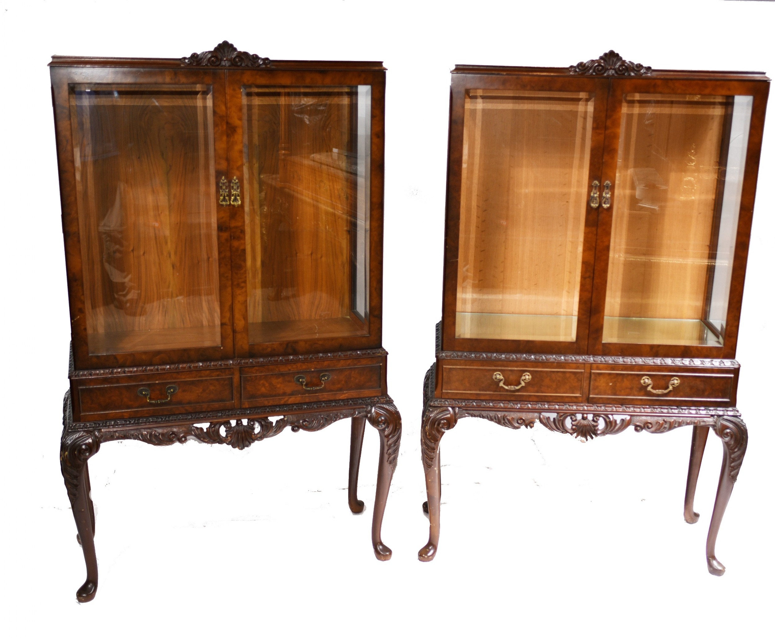 Pair Antique Display Cabinets - Walnut Victorian Bookcases
