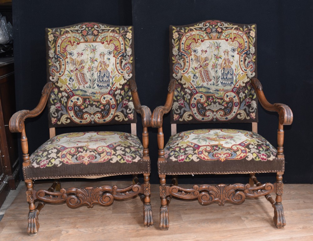 Antique Walnut Arm Chairs - French Tapestry Farmhouse Furniture