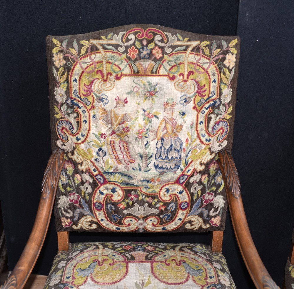 Antique Walnut Arm Chairs - French Tapestry Farmhouse Furniture View II