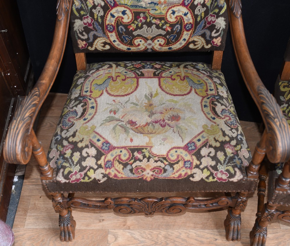 Antique Walnut Arm Chairs - French Tapestry Farmhouse Furniture View III