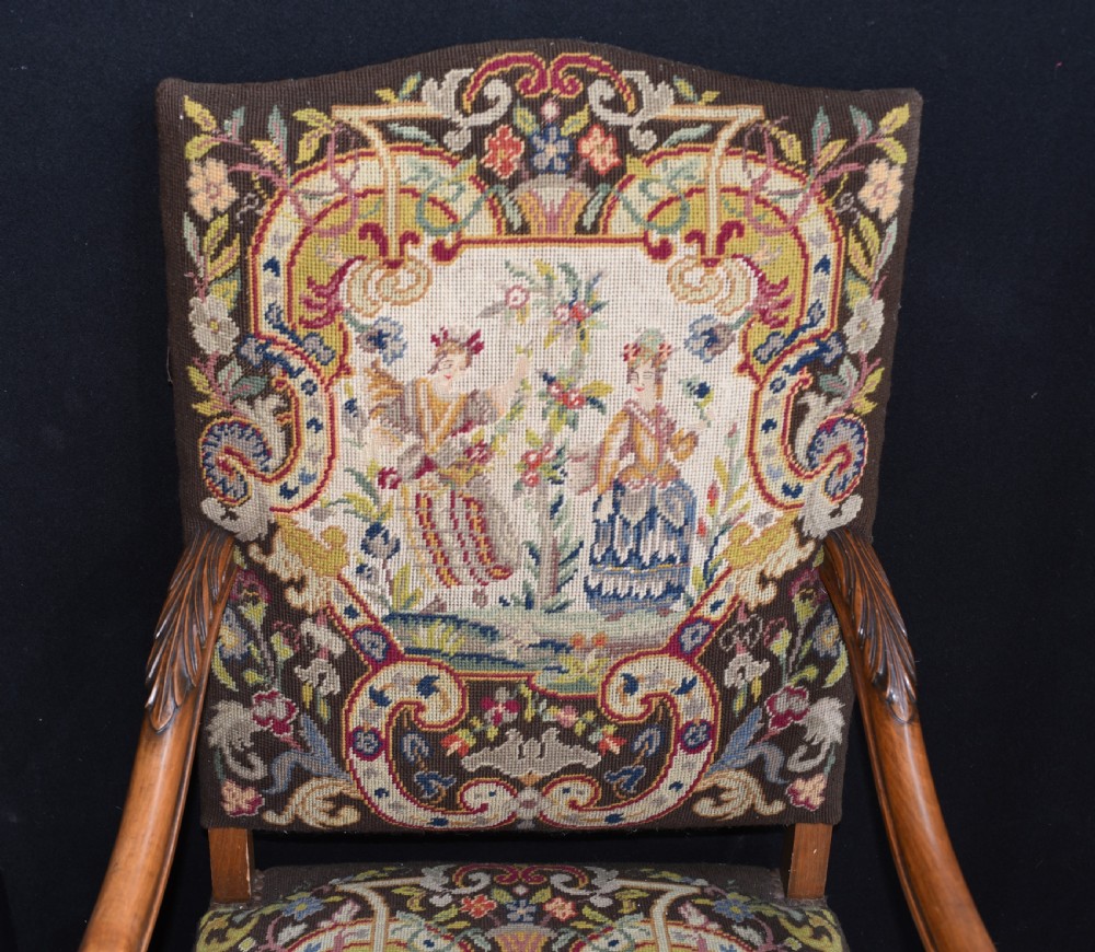 Antique Walnut Arm Chairs - French Tapestry Farmhouse Furniture View IV