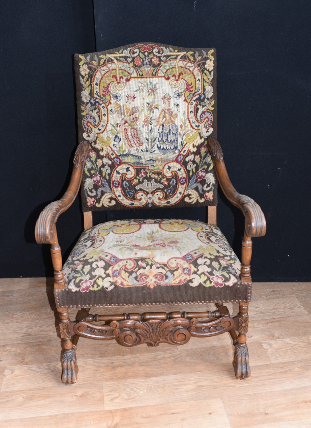 Antique Walnut Arm Chairs - French Tapestry Farmhouse Furniture View V