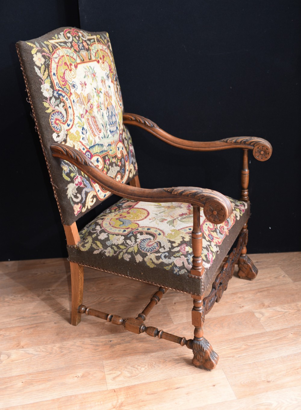 Antique Walnut Arm Chairs - French Tapestry Farmhouse Furniture View VIII