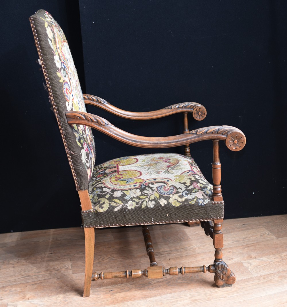 Antique Walnut Arm Chairs - French Tapestry Farmhouse Furniture View IX