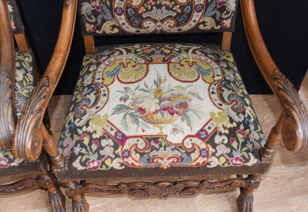 Antique Walnut Arm Chairs - French Tapestry Farmhouse Furniture View X