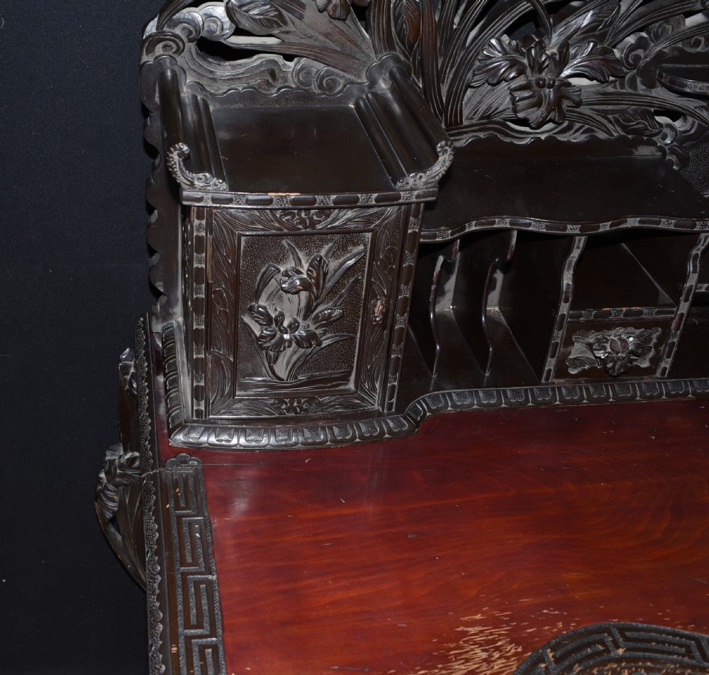 Antique Japanese Desk and Chair Set - Carved Hardwood 1880 View II
