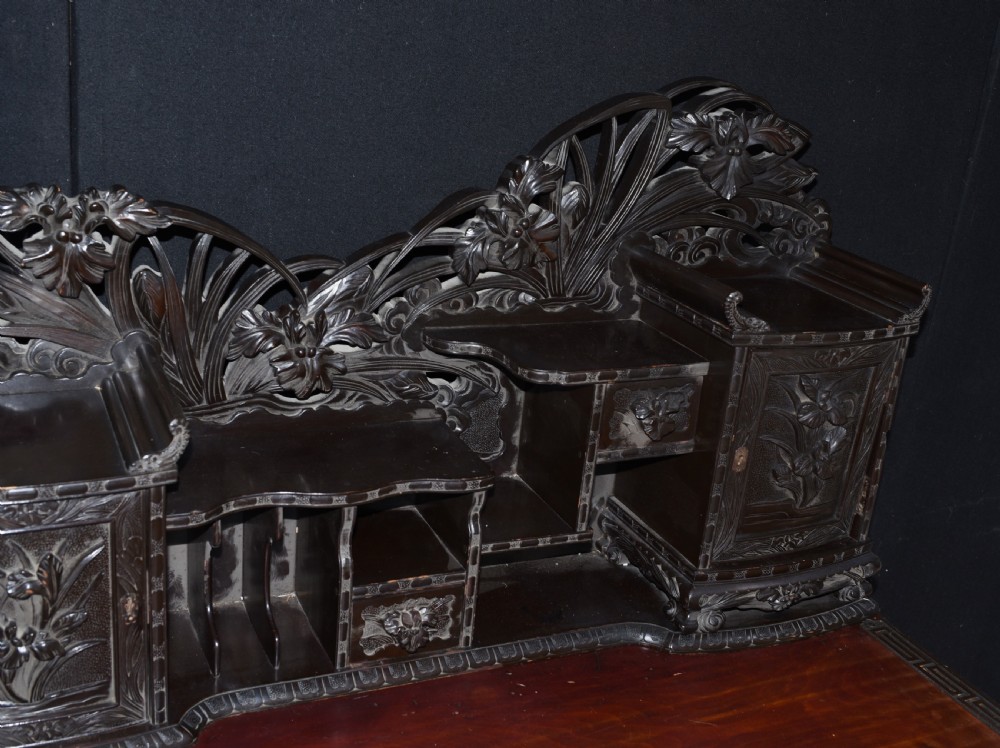 Antique Japanese Desk and Chair Set - Carved Hardwood 1880 View III