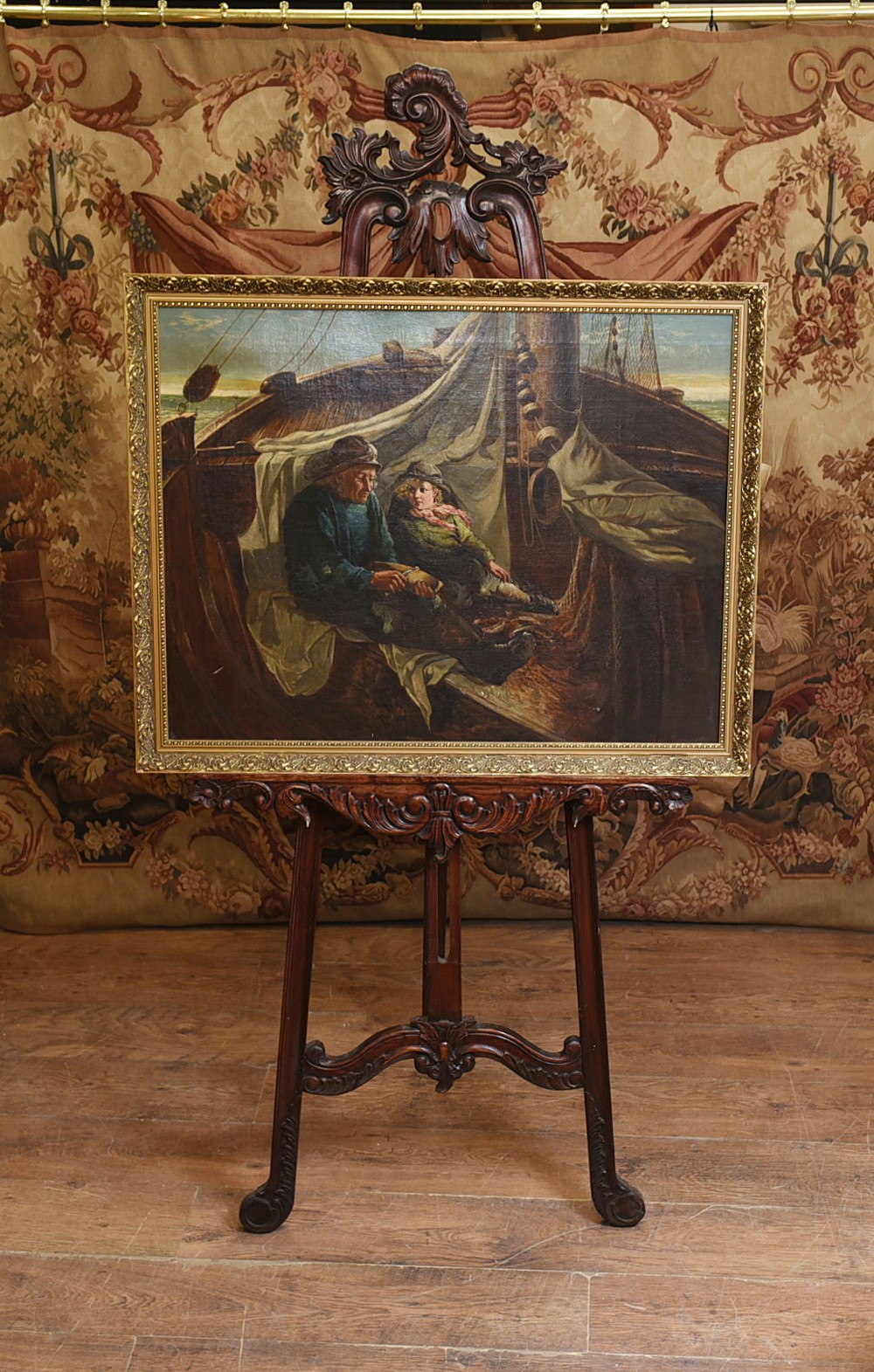 Victorian Oil Painting Portrait Girl and Fisherman Antique 1873