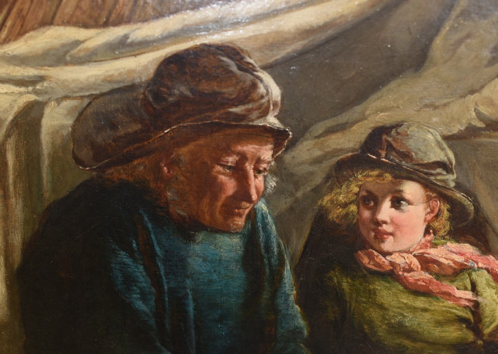 Victorian Oil Painting Portrait Girl and Fisherman Antique 1873 View II
