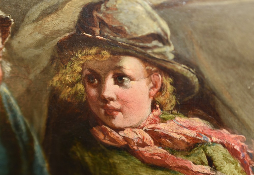 Victorian Oil Painting Portrait Girl and Fisherman Antique 1873 View IV