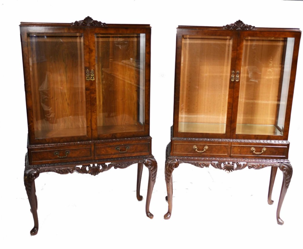 Pair Antique Display Cabinets - Walnut Victorian Bookcases