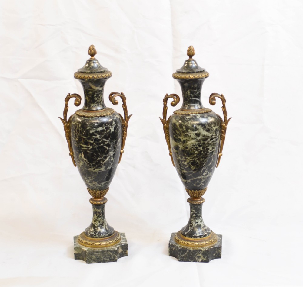 Pair French Marble Urns - Antique Empire Cassoulet Vases View II
