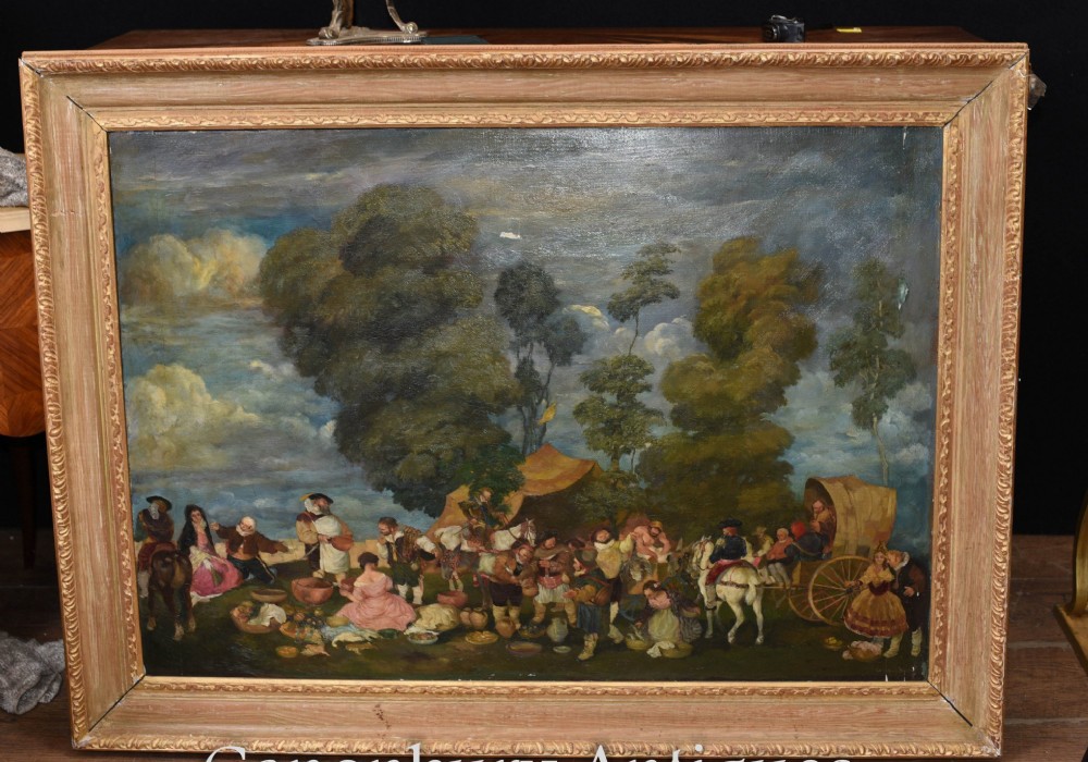 Antique English Oil Painting Medieval Renaissance Country Fayre Scene
