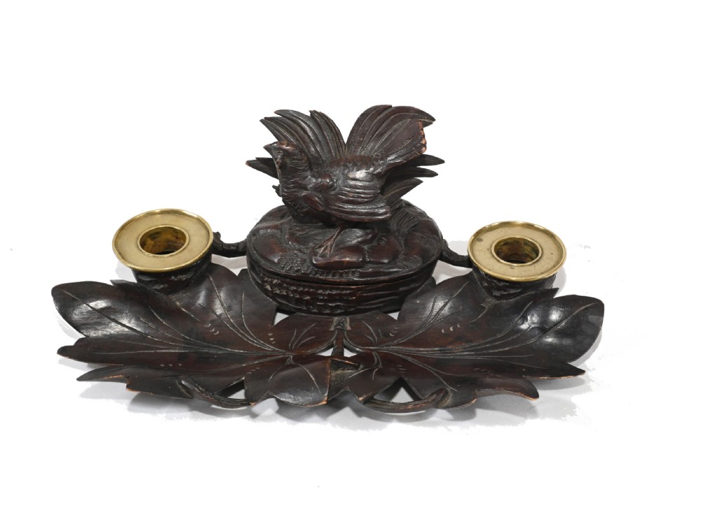 Black Forest Carved Inkwell Desk German Cuckoo Bird 1880