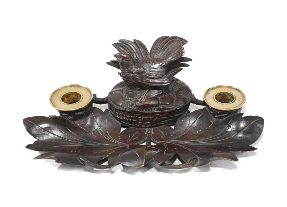 Black Forest Carved Inkwell Desk German Cuckoo Bird 1880 View II