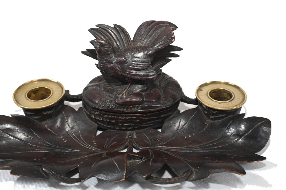 Black Forest Carved Inkwell Desk German Cuckoo Bird 1880 View III