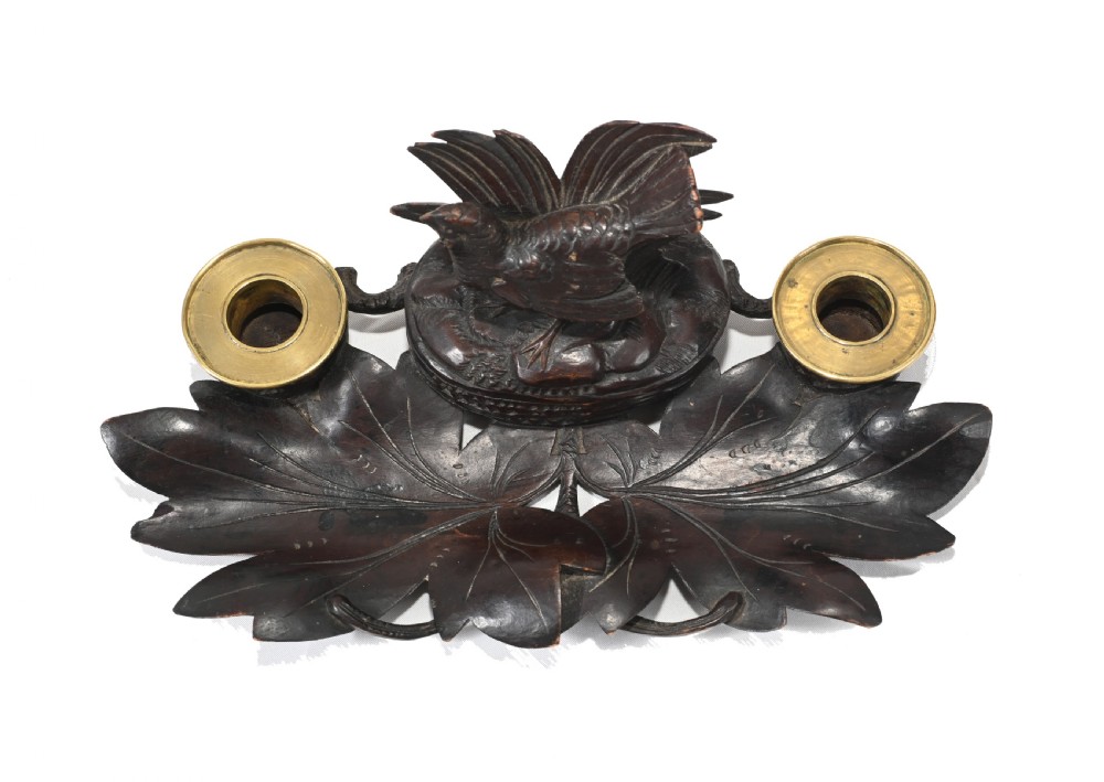 Black Forest Carved Inkwell Desk German Cuckoo Bird 1880 View IV