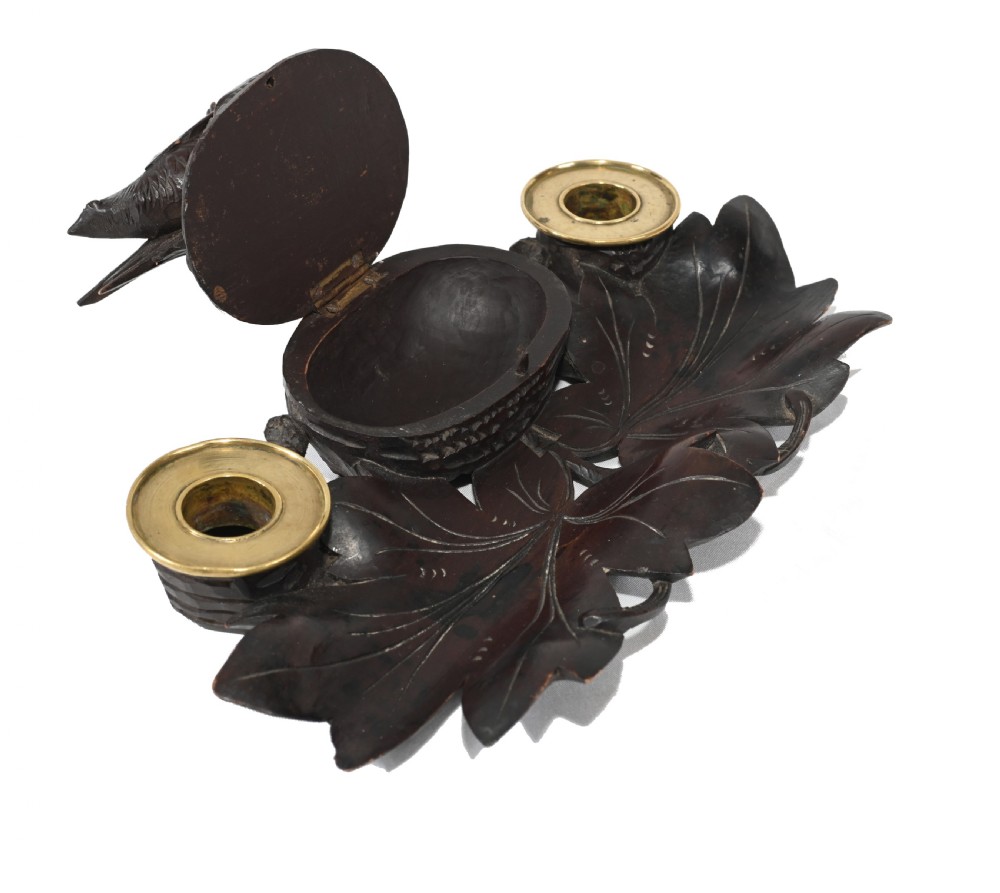 Black Forest Carved Inkwell Desk German Cuckoo Bird 1880 View V