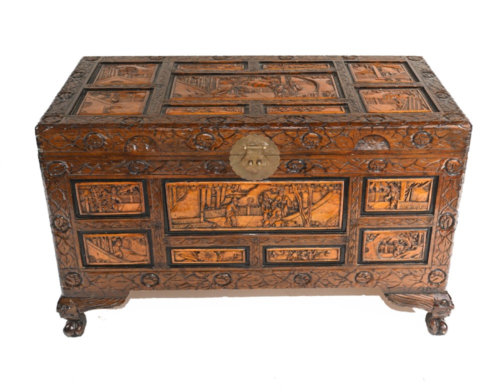 Chinese Carved Camphor Chest Luggage Trunk Antique