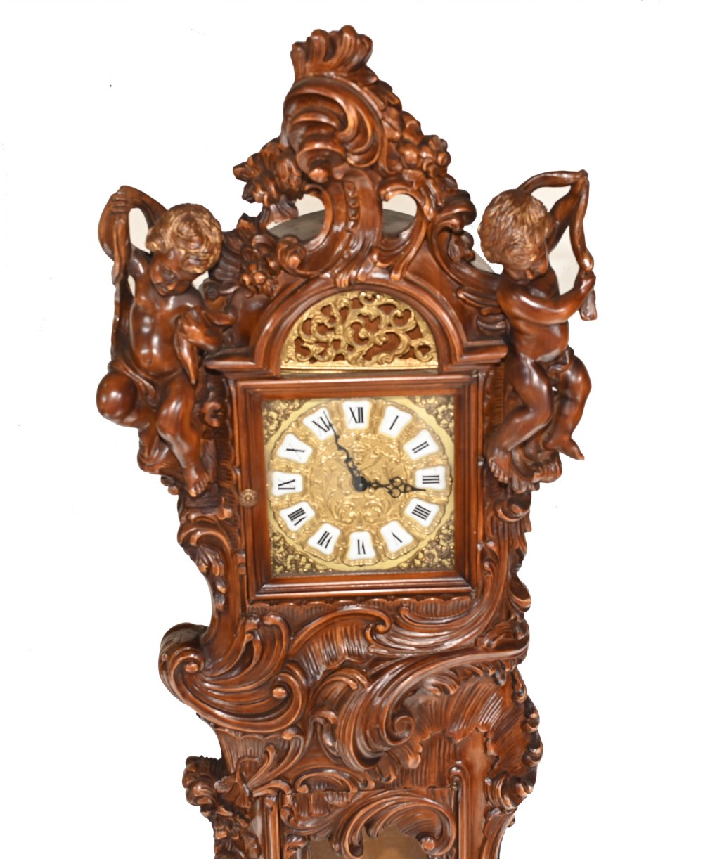 Carved Italian Grandfather Clock Walnut Cherubs View II