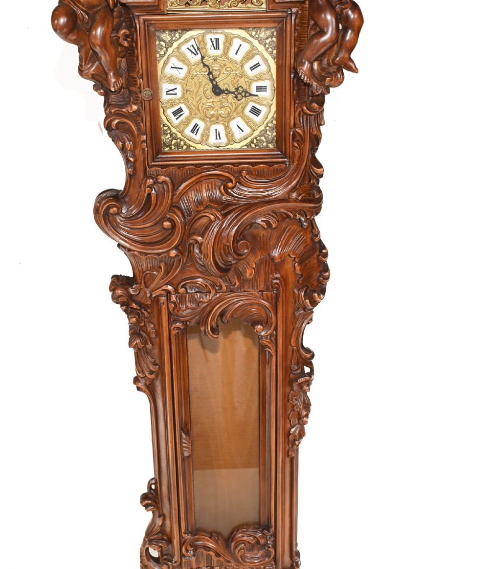 Carved Italian Grandfather Clock Walnut Cherubs View IV