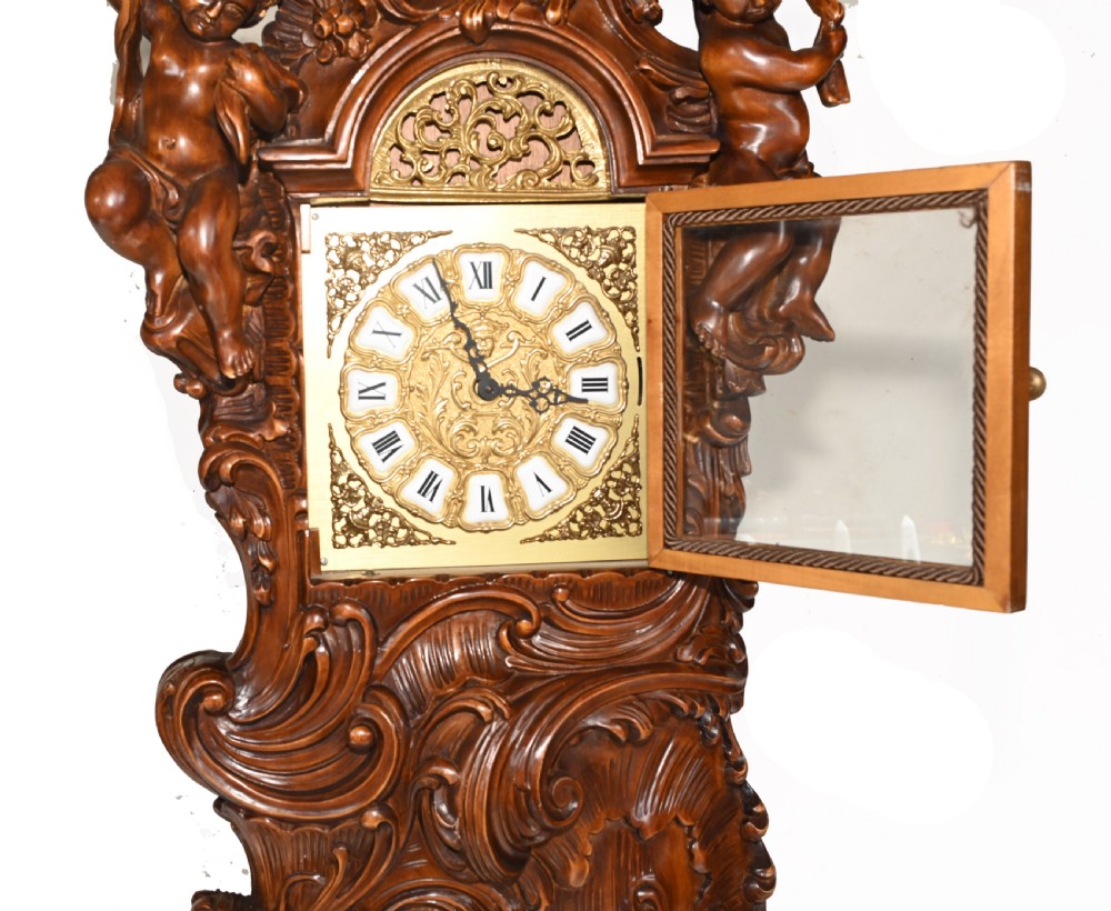 Carved Italian Grandfather Clock Walnut Cherubs View V