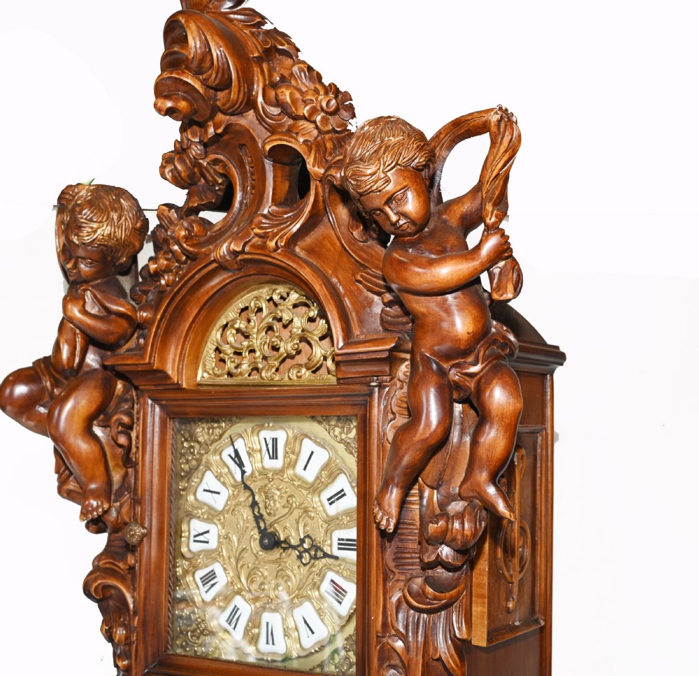 Carved Italian Grandfather Clock Walnut Cherubs View XI