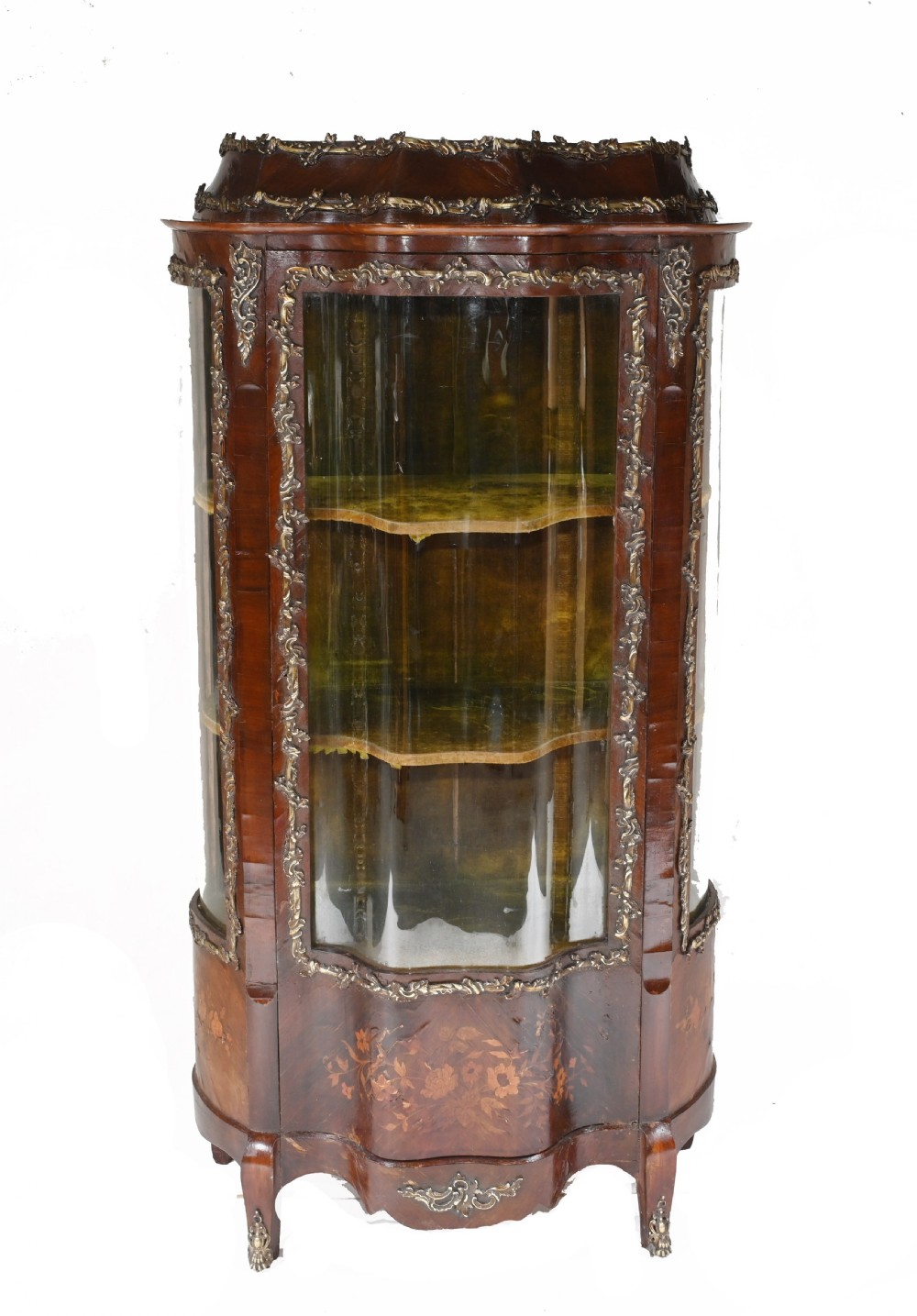An antique French glazed vitrine cabinet with curved glass panels, floral marquetry inlay on the lower doors, and ornate brass ormolu mounts.