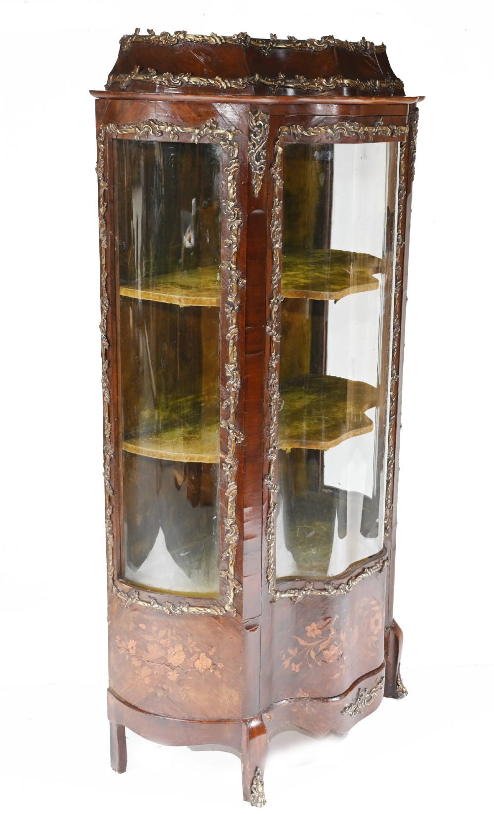 An antique French glazed vitrine cabinet with curved glass panels, floral marquetry inlay on the lower doors, and ornate brass ormolu mounts. View IX