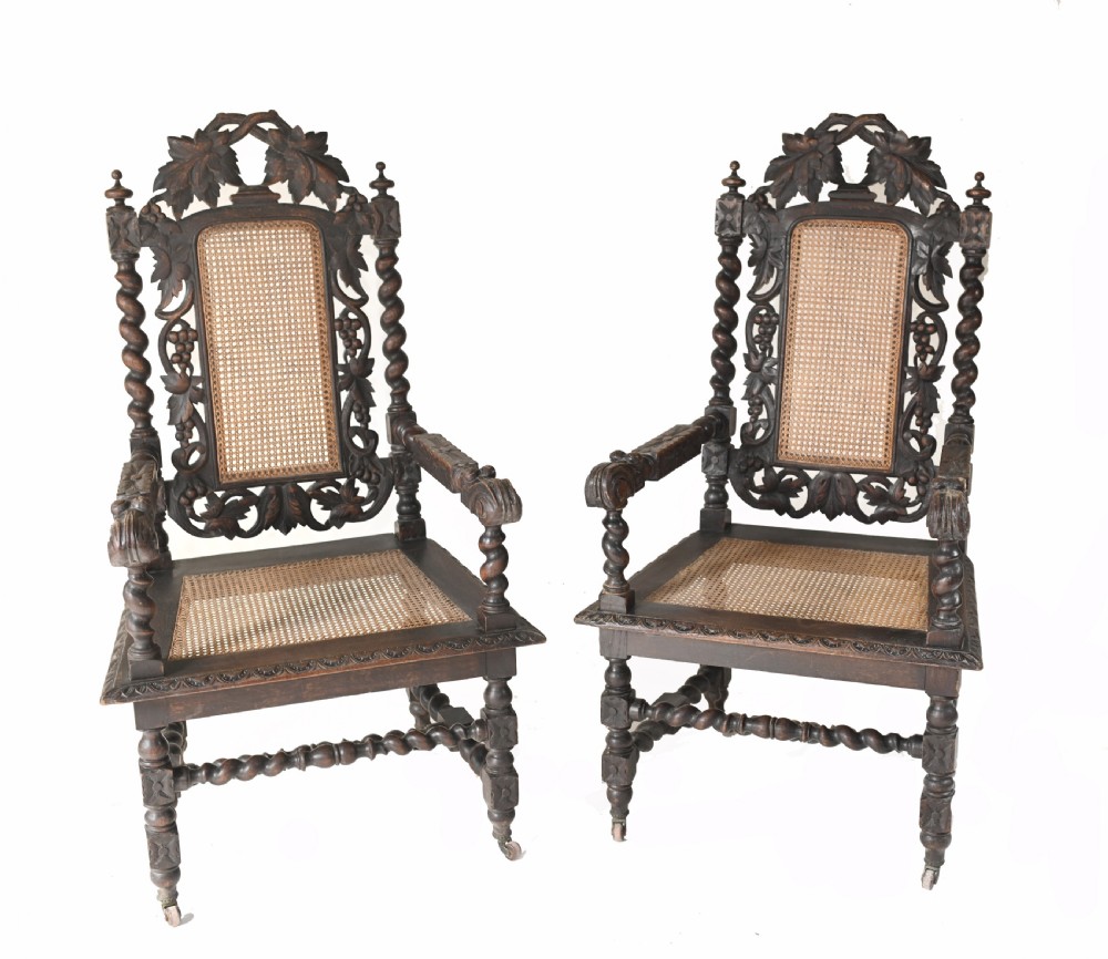 Pair Carved Oak Arm Chairs Farmhouse Gothic Barley Twist 1880 View II